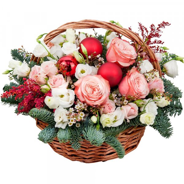 Peony rose Kahala 50 cm - 3, lisianthus - 3, Carnation white, cream - 2, Bright pink spray rose mix, 50 cm - 3, Medium Basket, Oasis, Spruce branches (1pc.), Solidago (1 pc.), Waxflower (1 pc.), Christmas decor (set)