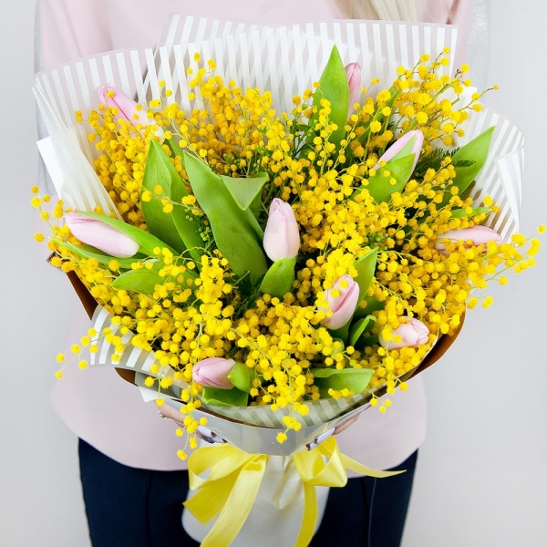 Pink tulip - 13, Mimosa - 5, Wrapping Paper, Ribbon