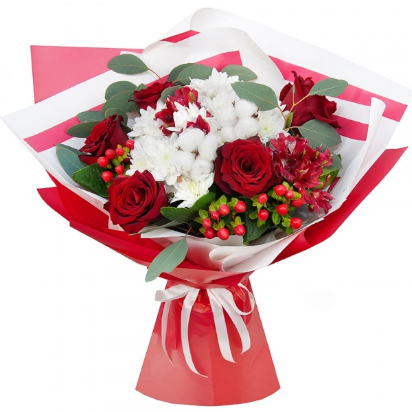 Red rose 50 cm - 7, Baltica White Spray Chrysanthemum - 3, Alstromeria Red, Bright Pink - 3, Hypericum, Cotton bud, Eucalyptus populus (1 pc.), Wrapping Paper, Ribbon