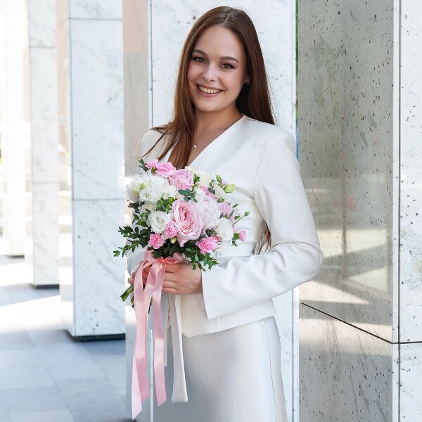 Peony rose pink 'OHara' - 5, Peony pink - 4, White spray carnation - 4, Pink spray carnation - 5, lisianthus - 3, Eucalyptus parvifolia (1 pc.), Ribbon
