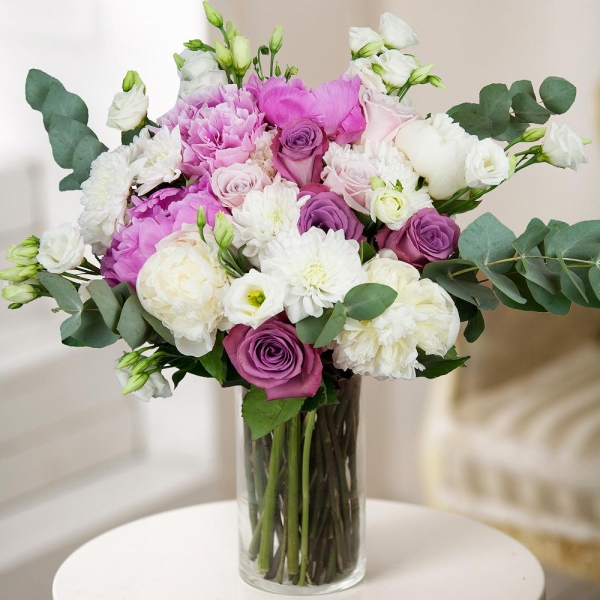 Peony pink - 5, Pink rose 50 cm - 10, Peony white - 4, lisianthus - 3, Baltica White Spray Chrysanthemum - 3, Eucalyptus Cinerea, Wrapping Paper, Eucalyptus Cinerea