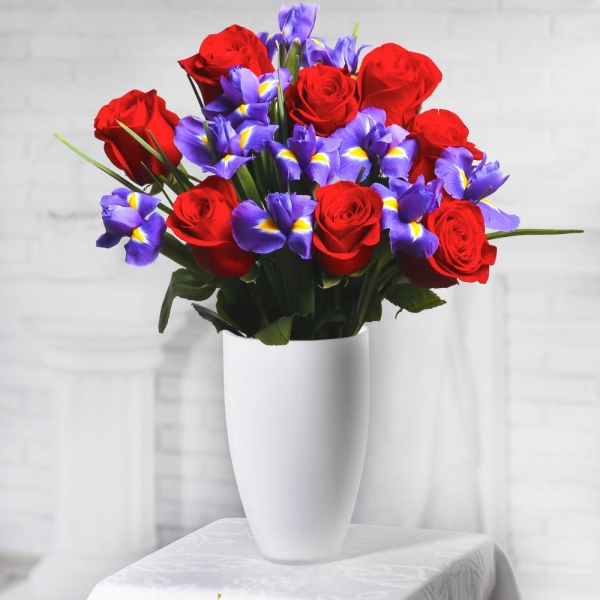 Irises - 16, Red rose 50 cm - 11, Ribbon