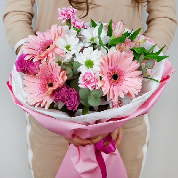 Gerbera pink - 3, Bacardi White Spray Chrysanthemum - 2, Pink spray carnation - 3, Bright pink spray rose mix, 50 cm - 2, Alstromeria white, soft pink - 2, Eucalyptus Cinerea, Wrapping Paper