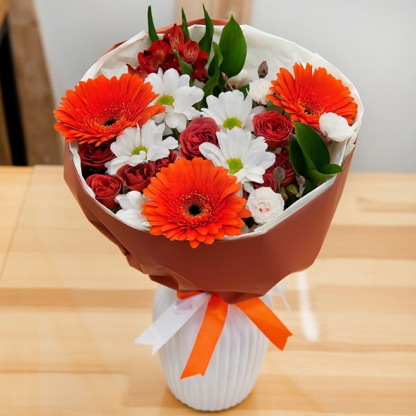 Gerbera pink - 3, Bacardi White Spray Chrysanthemum - 2, Pink spray carnation - 3, Bright pink spray rose mix, 50 cm - 2, Alstromeria white, soft pink - 2, Eucalyptus Cinerea, Wrapping Paper