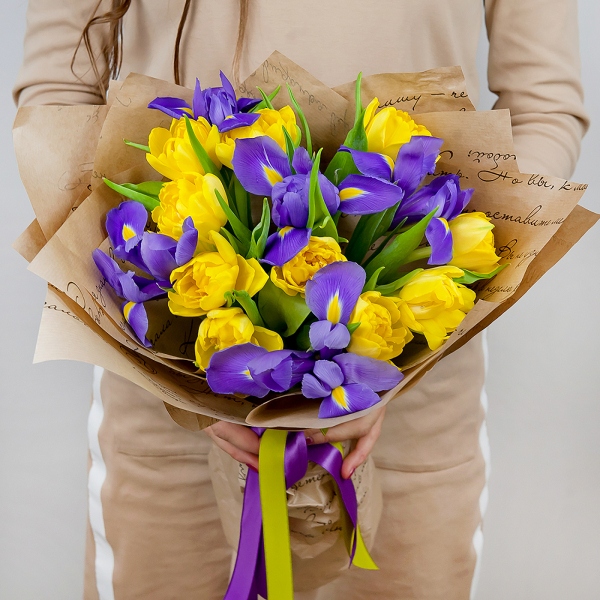 Irises - 8, Yellow tulip - 13, Wrapping Paper, Ribbon
