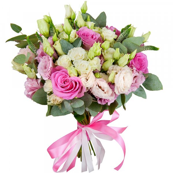 Pink rose 50 cm - 5, Pink Lisianthus (Eustoma) - 4, Spray rose: white, cream, light pink 50 cm - 4, Veronica spray, Ribbon, Eucalyptus