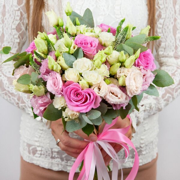 Pink rose 50 cm - 5, Pink Lisianthus (Eustoma) - 4, Spray rose: white, cream, light pink 50 cm - 4, Veronica spray, Ribbon, Eucalyptus