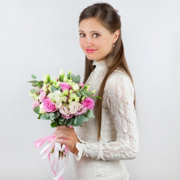 Pink rose 50 cm - 5, Pink Lisianthus (Eustoma) - 4, Spray rose: white, cream, light pink 50 cm - 4, Veronica spray, Ribbon, Eucalyptus