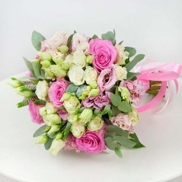 Pink rose 50 cm - 5, Pink Lisianthus (Eustoma) - 4, Spray rose: white, cream, light pink 50 cm - 4, Veronica spray, Ribbon, Eucalyptus