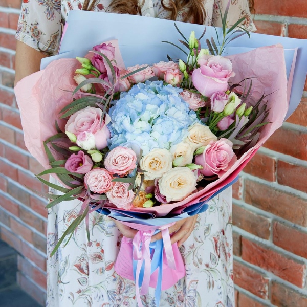 Blue/purple hydrangea - 1, Spray rose: white, cream, light pink 50 cm - 5, Pink Lisianthus (Eustoma) - 5, Pink rose 50 cm - 5, Eucalyptus, Wrapping Paper