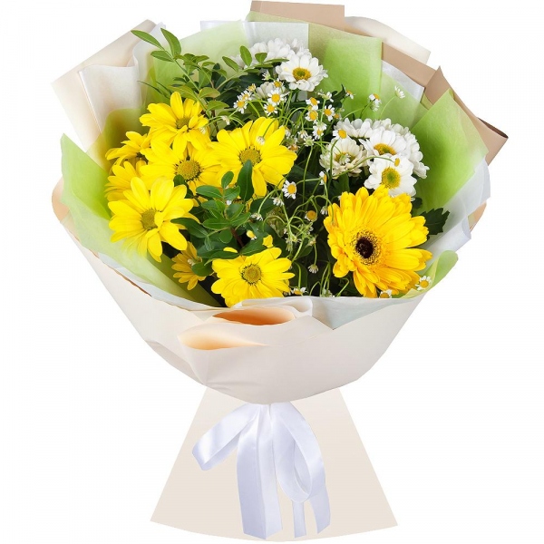 Sunflower - 2, Bacardi Yellow Spray Chrysanthemum - 2, Santini White Spray Chrysanthemum - 3, Chamomile - 2, Salal, Wrapping Paper, Ribbon