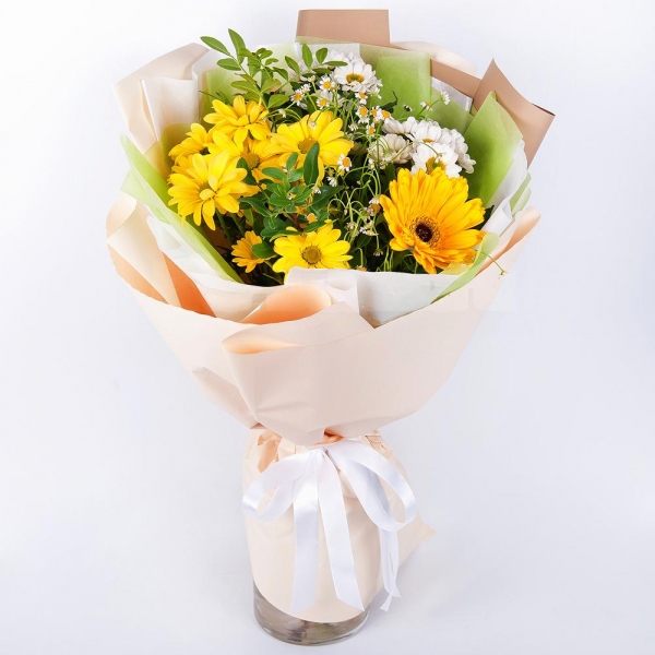 Sunflower - 2, Bacardi Yellow Spray Chrysanthemum - 2, Santini White Spray Chrysanthemum - 3, Chamomile - 2, Salal, Wrapping Paper, Ribbon