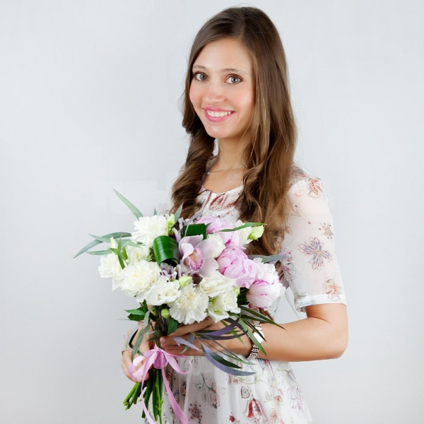 Carnation white, cream - 5, Pink Cymbidium Orchid Bud - 2, lisianthus - 3, Peony pink - 4, Alstromeria lilac, purple - 2, Eucalyptus, Flask for orchids, Aspidistra (1 pc.), Ribbon