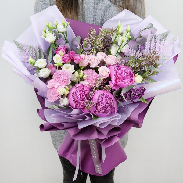 Peony pink - 5, Lilac Bush - 4, Pink carnation - 4, Peony sprayrose - 4, lisianthus - 4, Eucalyptus Cinerea, Wrapping Paper, Fern (1 pc.)