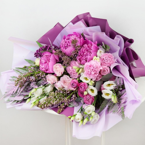 Peony pink - 5, Lilac Bush - 4, Pink carnation - 4, Peony sprayrose - 4, lisianthus - 4, Eucalyptus Cinerea, Wrapping Paper, Fern (1 pc.)