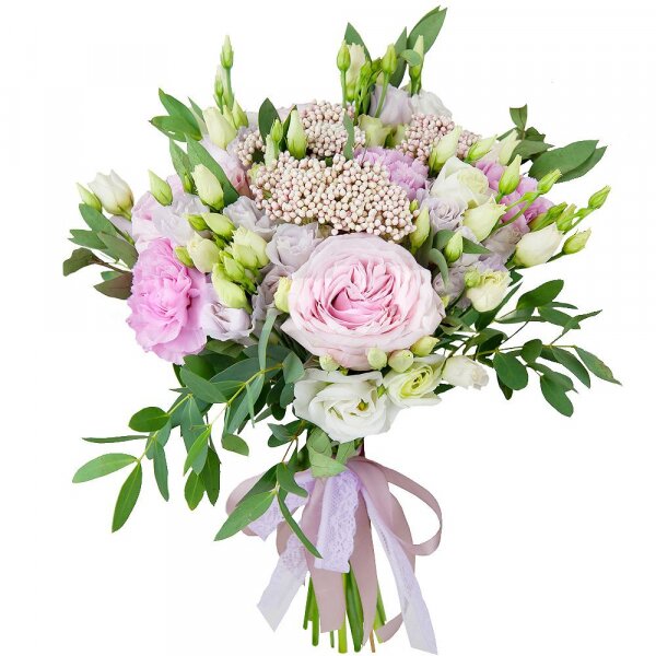 Peony rose pink 'OHara' - 3, Pink carnation - 3, lisianthus - 1, Spray rose: white, cream, light pink 50 cm - 2, Purple Lisianthus (Eustoma) - 2, Ozotamnus, Eucalyptus parvifolia (1 pc.), Ribbon