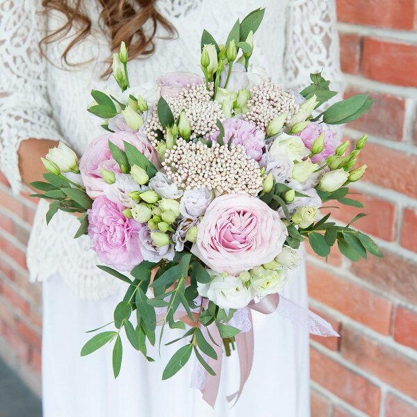 Peony rose pink 'OHara' - 3, Pink carnation - 3, lisianthus - 1, Spray rose: white, cream, light pink 50 cm - 2, Purple Lisianthus (Eustoma) - 2, Ozotamnus, Eucalyptus parvifolia (1 pc.), Ribbon