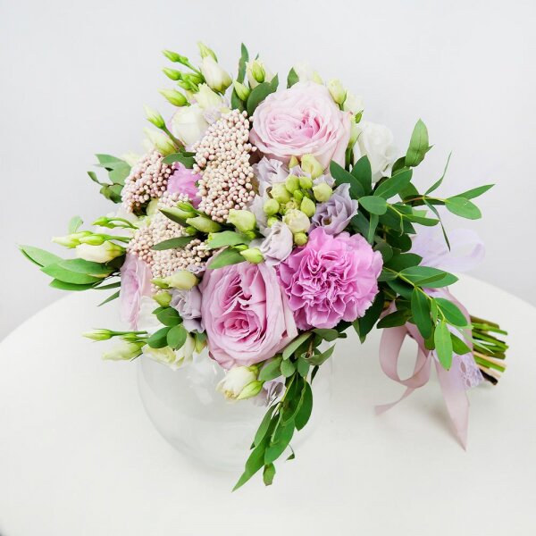 Peony rose pink 'OHara' - 3, Pink carnation - 3, lisianthus - 1, Spray rose: white, cream, light pink 50 cm - 2, Purple Lisianthus (Eustoma) - 2, Ozotamnus, Eucalyptus parvifolia (1 pc.), Ribbon