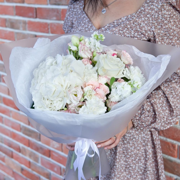  White Hydrangea - 1, Carnation white, cream - 3, Pink Lisianthus (Eustoma) - 3, White rose 50 cm - 3, White Matthiola - 3, Spray rose: white, cream, light pink 50 cm - 2, Wrapping Paper