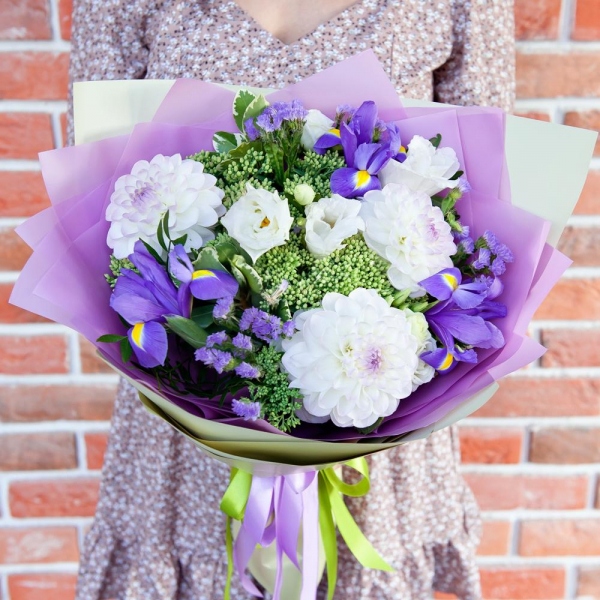 White Dahlia - 5, lisianthus - 4, Irises - 4, Sedum, Pittosporum, Pistachio, Wrapping Paper
