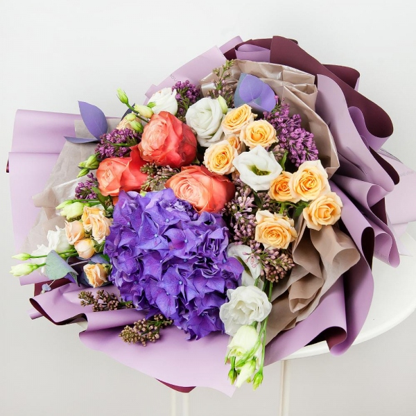 Blue/purple hydrangea - 2, Peony rose Kahala 50 cm - 5, Spray rose: white, cream, light pink 50 cm - 6, Lilac Bush - 4, lisianthus - 5, Eucalyptus Cinerea, Wrapping Paper