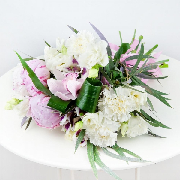 Carnation white, cream - 5, Pink Cymbidium Orchid Bud - 3, lisianthus - 4, Peony pink - 4, Alstromeria lilac, purple - 2, Eucalyptus, Flask for orchids, Aspidistra (1 pc.), Ribbon