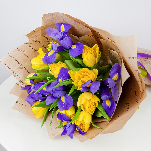 Irises - 10, Yellow tulip - 15, Wrapping Paper, Ribbon