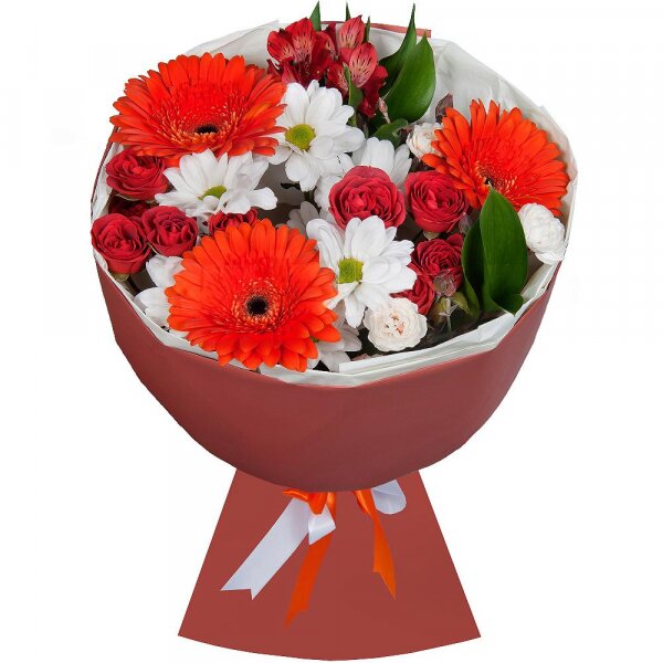 Bacardi White Spray Chrysanthemum - 2, Bright pink spray rose mix, 50 cm - 3, Alstromeria white, soft pink - 3, Gerbera pink - 5, Eucalyptus Cinerea, Wrapping Paper