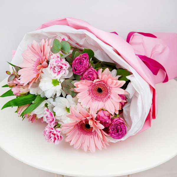 Bacardi White Spray Chrysanthemum - 2, Bright pink spray rose mix, 50 cm - 3, Alstromeria white, soft pink - 3, Gerbera pink - 5, Eucalyptus Cinerea, Wrapping Paper