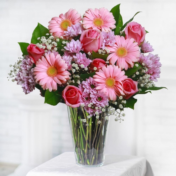 Pink rose 50 cm - 10, Gerbera pink - 9, Bacardi Pink Spray Chrysanthemum - 7, Gypsophila - 4, Salal, Felt, Ribbon