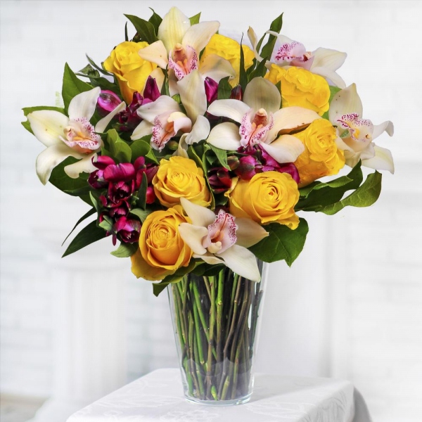 White Cymbidium Orchid Bud - 13, Yellow rose 50 cm - 13, Alstromeria lilac, purple - 8, Flask for orchids, Salal, Felt, Ribbon