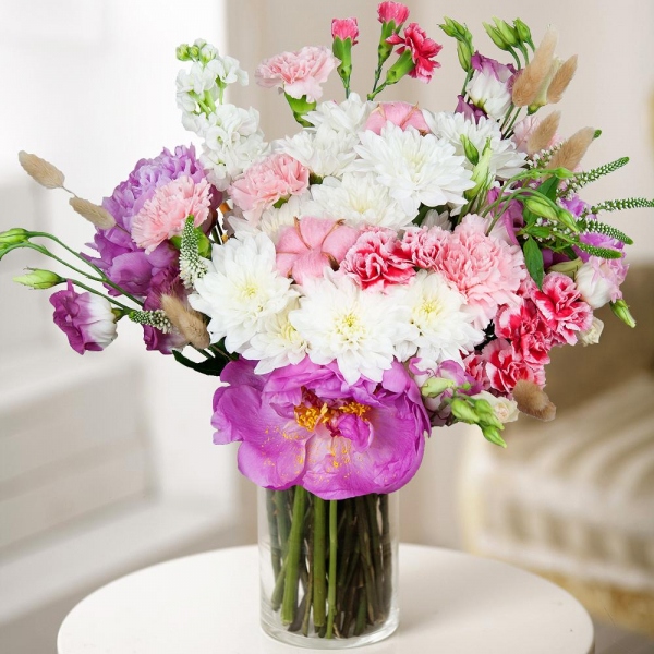 White Matthiola - 2, Baltica White Spray Chrysanthemum - 5, Pink Lisianthus (Eustoma) - 4, Peony pink - 4, Pink spray carnation - 5, Pink carnation - 6, Veronica spray, Cotton bud, Dried flowers decor, Wrapping Paper
