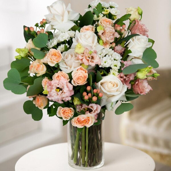 White rose 50 cm - 9, Spray rose: white, cream, light pink 50 cm - 4, Santini White Spray Chrysanthemum - 4, Pink Lisianthus (Eustoma) - 5, Hypericum, Wrapping Paper, Eucalyptus populus (1 pc.)