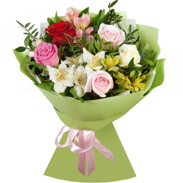 Red rose 50 cm - 2, Alstromeria Yellow, Orange - 2, Alstromeria white, soft pink - 3, White rose 50 cm - 2, Pink rose 50 cm - 5, Pistachio, Wrapping Paper