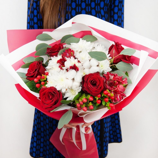 Red rose 50 cm - 9, Baltica White Spray Chrysanthemum - 4, Alstromeria Red, Bright Pink - 3, Hypericum, Cotton bud, Eucalyptus populus (1 pc.), Wrapping Paper, Ribbon