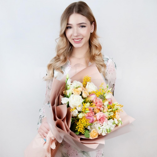 Spray rose: white, cream, light pink 50 cm - 4, White rose 50 cm - 5, Pink carnation - 4, lisianthus - 3, Pink tulip - 5, Mimosa - 2, White Matthiola - 3, Wrapping Paper