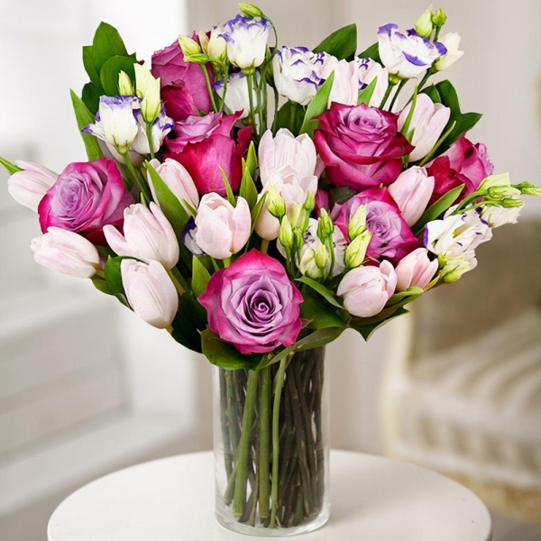 Deep Purple rose - 11, Tulip white - 23, Purple Lisianthus (Eustoma) - 6, Ruscus, Wrapping Paper
