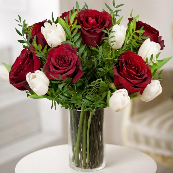 Red rose 50 cm - 13, Tulip white - 15, Pistachio, Wrapping Paper, Ribbon