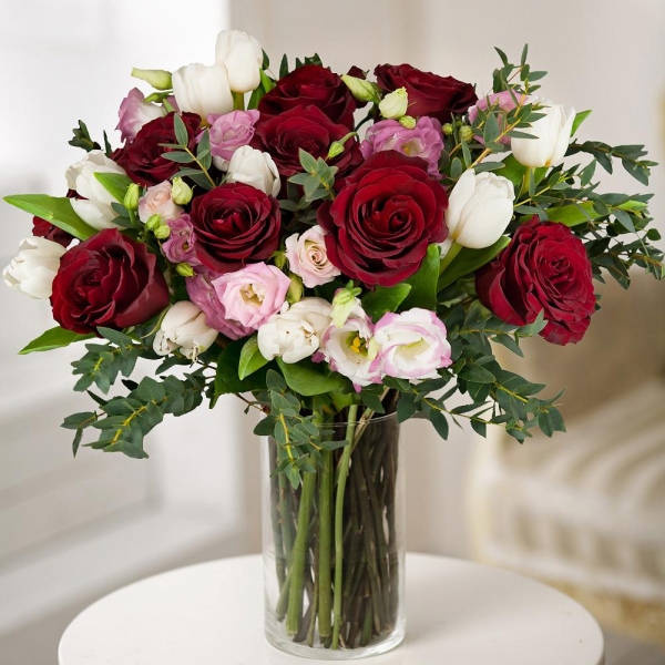 Red rose 50 cm - 19, Pink tulip - 14, Pink Lisianthus (Eustoma) - 7, Eucalyptus parvifolia (1 pc.), Wrapping Paper