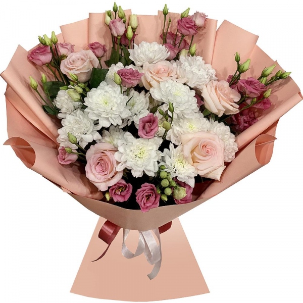 Baltica White Spray Chrysanthemum - 5, Pink Lisianthus (Eustoma) - 7, Pink rose 50 cm - 7, Wrapping Paper