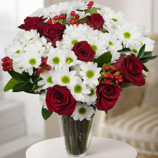 Bacardi White Spray Chrysanthemum - 8, Red rose 50 cm - 11, Hypericum, Ruscus, Wrapping Paper, Ribbon