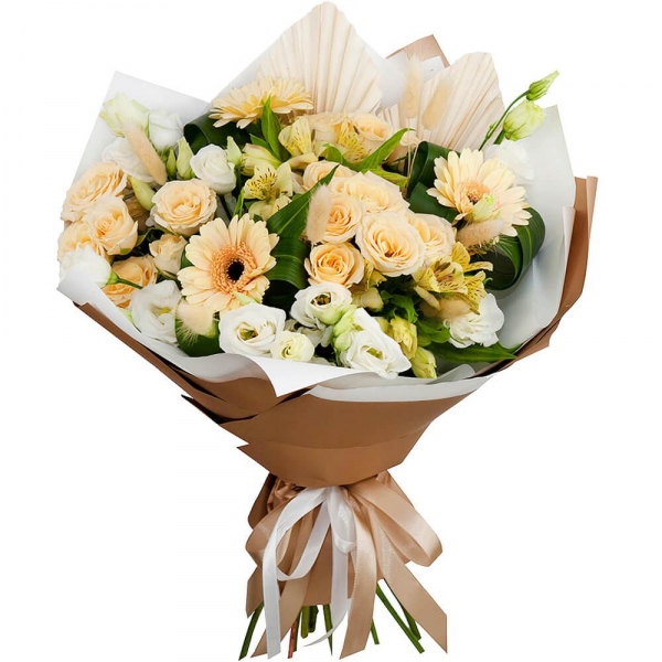 Cream gerbera - 5, Spray rose: white, cream, light pink 50 cm - 5, Alstromeria Yellow, Orange - 4, lisianthus - 4, Aspidistra (1 pc.), Dried flowers decor, Wrapping Paper
