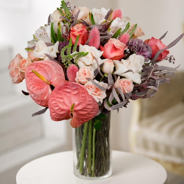 Spray rose: white, cream, light pink 50 cm - 7, Alstromeria white, soft pink - 4, Lilac carnation - 4, Pink cut anthurium - 2, White rose 50 cm - 5, Peony rose Kahala 50 cm - 5, Veronica spray, Eucalyptus populus (1 pc.), Dried flowers decor, Wrapping Paper