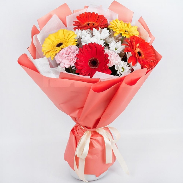 Gerbera daisies - 3, Bacardi White Spray Chrysanthemum - 3, Pink carnation - 5, Gerbera yellow - 3, Gerbera red - 3, Wrapping Paper, Ribbon