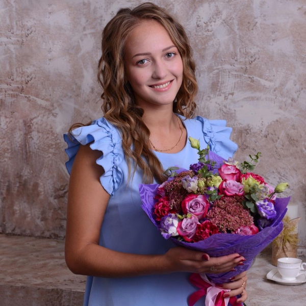 Deep Purple rose - 13, Carnation red - 6, Purple Lisianthus (Eustoma) - 7, Eucalyptus baby blue (1 pc.), Blue Statice, Felt, Ribbon, Sedum