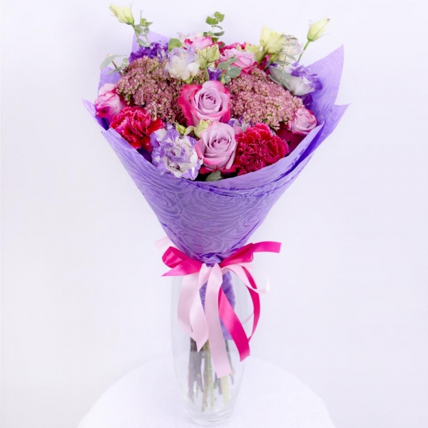 Deep Purple rose - 13, Carnation red - 6, Purple Lisianthus (Eustoma) - 7, Eucalyptus baby blue (1 pc.), Blue Statice, Felt, Ribbon, Sedum