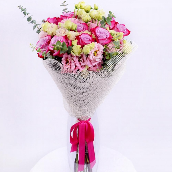 Deep Purple rose - 15, Pink Lisianthus (Eustoma) - 8, Eucalyptus baby blue (1 pc.), Jute 1 meter, Ribbon