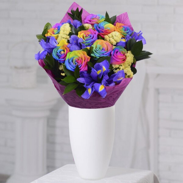 Rainbow rose - 15, Irises - 9, Ruscus, Yellow Statice, Wrapping Paper