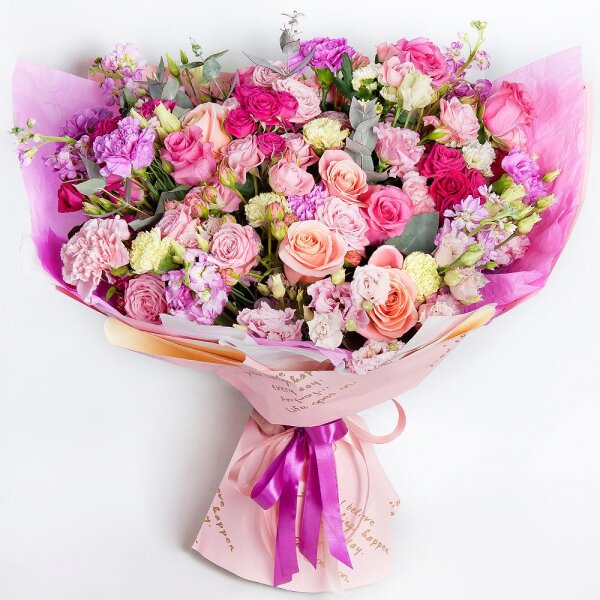Green carnation - 7, Bright pink spray rose mix, 50 cm - 12, Pink rose 50 cm - 9, Rose Cream 50 cm - 8, Matthiola Lilac - 5, Pink Lisianthus (Eustoma) - 3, Santini White Spray Chrysanthemum - 5, Lilac carnation - 9, Pink carnation - 9, Wrapping Paper