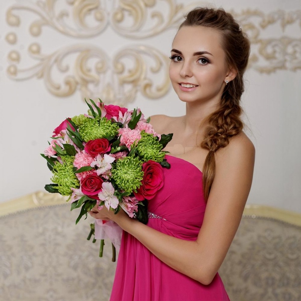 Pink rose 50 cm - 9, Pink carnation - 6, Yellow chrysanthemum  single-headed Anastasia - 7, Alstromeria white, soft pink - 7, Ribbon, Felt